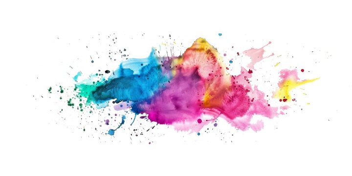 A bright and energetic watercolor explosion with splatters, blending pink, purple, blue, and green hues on a pristine white background.