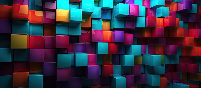 A vibrant display of colorfulness with purple, violet, magenta, and electric blue cubes stacked in a symmetrical pattern, creating an artistic organism of tints and shades