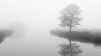 Obraz na płótnie Canvas a black and white photo of a foggy river with a lone tree in the foreground and a small body of water in the foreground.