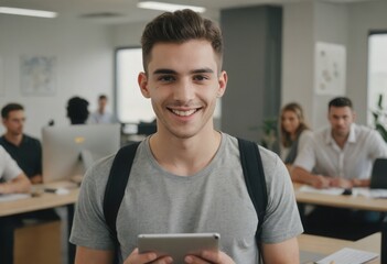 A young man in a grey shirt uses a digital tablet in an office, his casual demeanor and friendly smile create an inviting atmosphere.