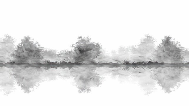 a black and white photo of a row of trees on a lake with a reflection of the trees in the water.