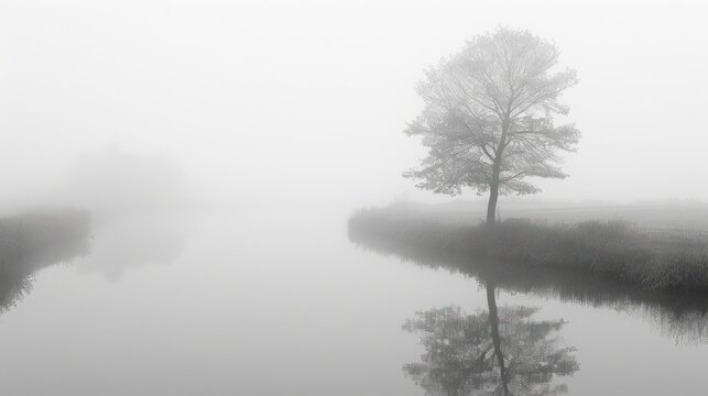 a black and white photo of a foggy river with a lone tree in the foreground and a small body of water in the foreground.