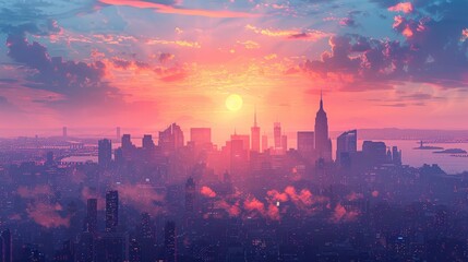 Urban skyline at dusk with sun peaking through cumulus clouds - obrazy, fototapety, plakaty