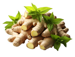 Fototapeta premium Pile of Fresh Ginger with Leaves Isolated on Transparent Background. Ginger Root or Rhizome