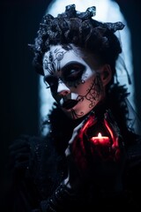 a dark theater hosts gothic performers with haunting makeup
