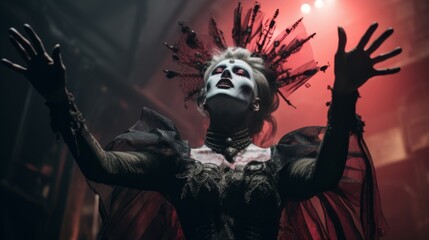 a dark theater hosts gothic performers with haunting makeup
