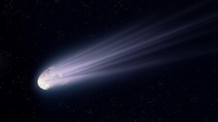 Comet in deep space. Asteroid in the solar system. A large comet tail glows on a black background.