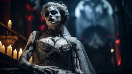 a dark theater hosts gothic performers with haunting makeup
