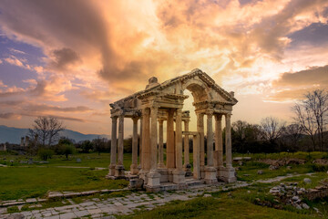 Famous Tetrapylon Gate in Aphrodisias ancient city. Archaeological and historical sites of modern Turkey