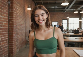 Casual young woman smiling in a brick-walled space.