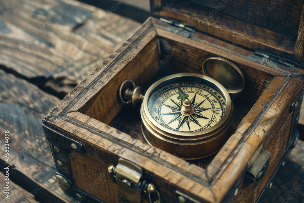 Poster a wooden box containing a compass, suitable for travel and navigation concepts