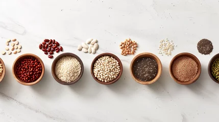 Zelfklevend Fotobehang Top view of various beans, legumes and grains on a white background with copy space for healthy eating or grocery shopping concepts © Maru_sua