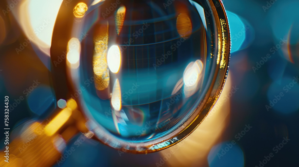 Poster close up of a magnifying lens with a blurry background. suitable for various educational or scientif
