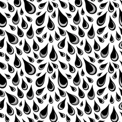 Varying in size hand drawn black and gray shaded drops tightly placed close together over white background. Elegant monochrome seamless pattern for printing or use in graphic design projects.