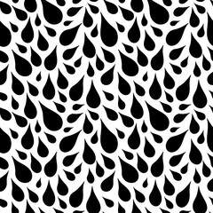 Varying in size hand drawn black drops tightly placed close together over white background. Simple contrasty monochrome seamless pattern for printing or use in graphic design projects.
