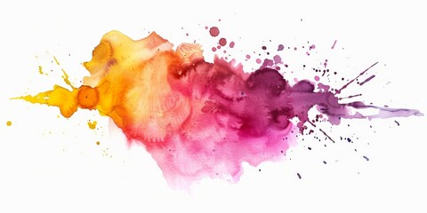Evocative watercolor blend of pink, purple, and yellow with spontaneous splashes, evoking a sunset-like gradient on a white canvas.