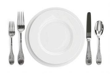 A simple white plate with a fork, knife, and spoon. Suitable for restaurant menus or food blogs