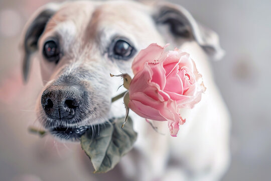 Portrait of a dog holding a pink rose in its mouth. Close up image