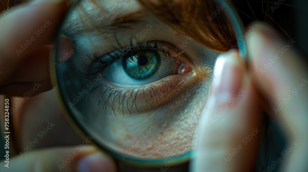 Poster Close up of a person using a magnifying glass, suitable for research and investigation concepts