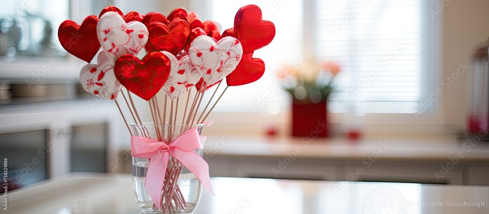 Poster A flower vase filled with artificial red and white heartshaped lollipops, creating a sweet and colorful display on the table