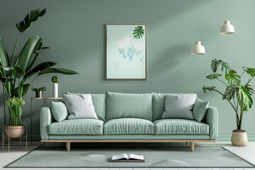 Interior of a living room with a green couch and decorative potted plants. Suitable for home decor or interior design concepts