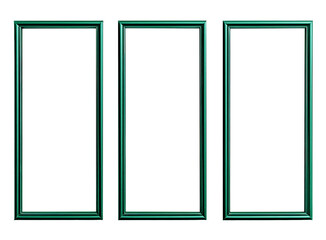 Three thin green color wooden frames in blank over isolated transparent background