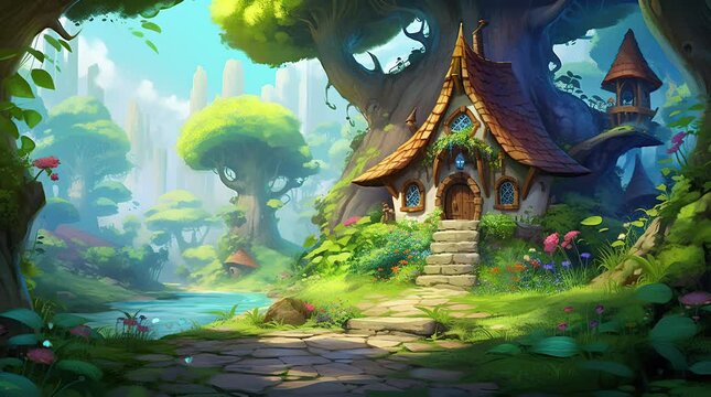 Tranquil Tree House Overlooking Sunlit Lake Seamless looping 4k time-lapse virtual video animation background. Generated AI