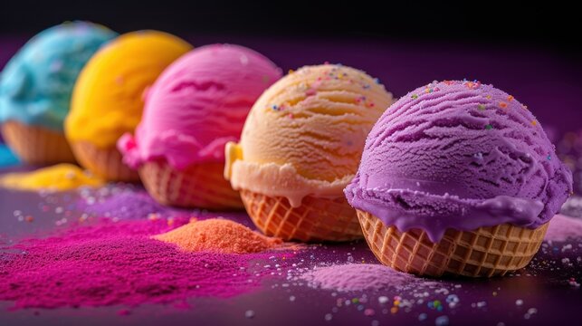 a row of ice cream cones with sprinkles on top of them, lined up against a purple background.