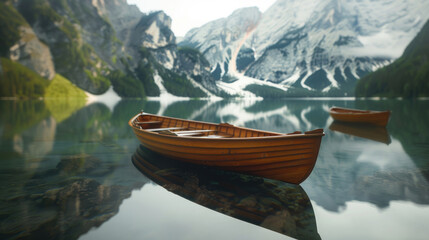 Scenic view of row boat on calm lake with mountain backdrop. Suitable for travel and nature themes