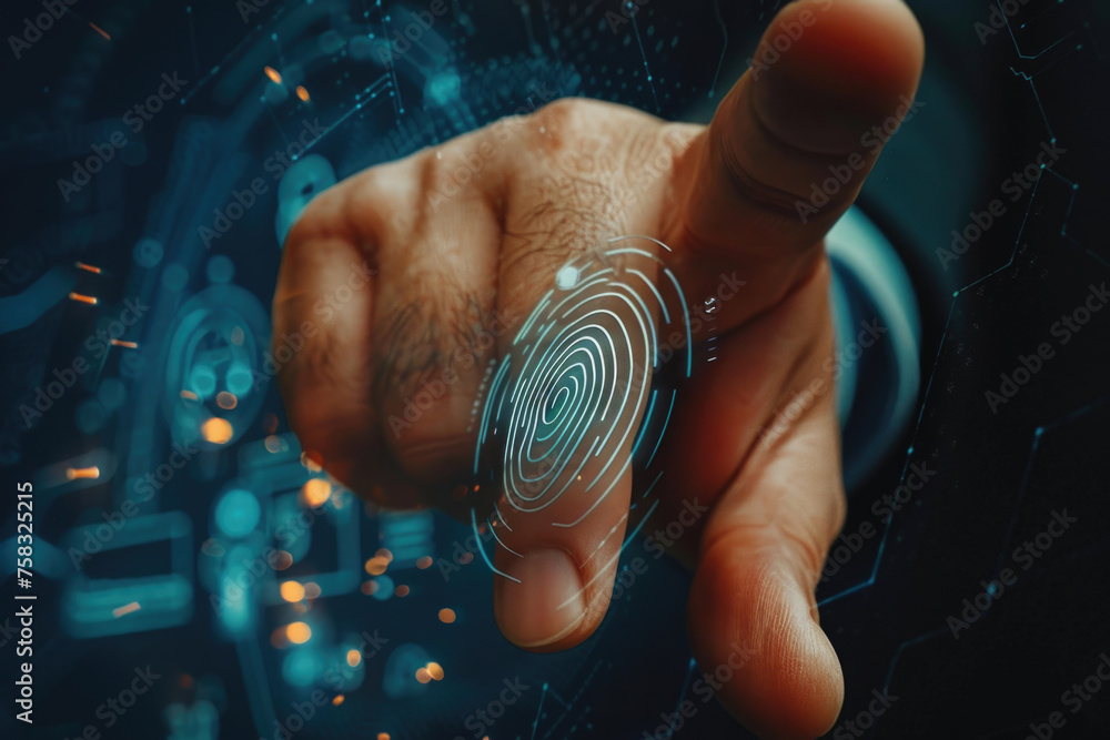 Poster Close up of a person holding a finger with a visible fingerprint. Can be used for security or identification concepts