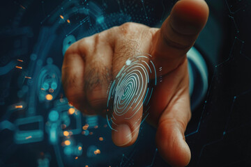 Close up of a person holding a finger with a visible fingerprint. Can be used for security or identification concepts - obrazy, fototapety, plakaty