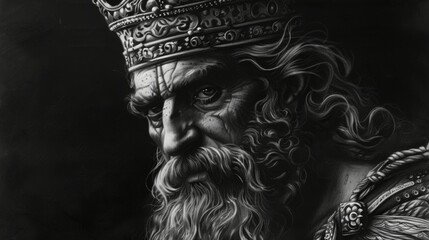 Monochrome charcoal drawing of a wise and regal King Solomon in a serious portrait - obrazy, fototapety, plakaty