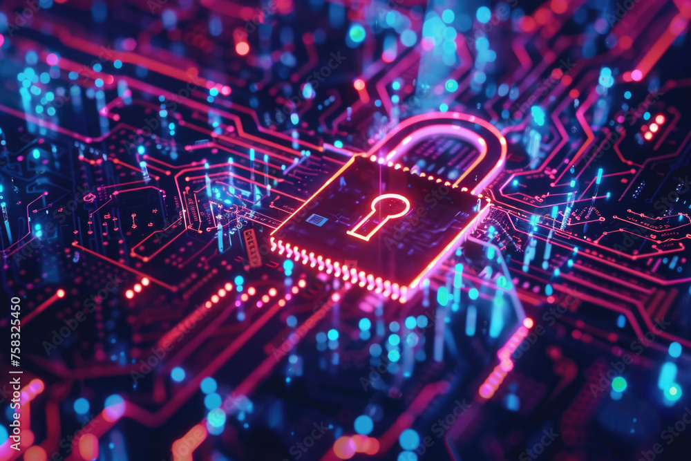 Fototapete a circuit board with a padlock on top. suitable for technology security concepts