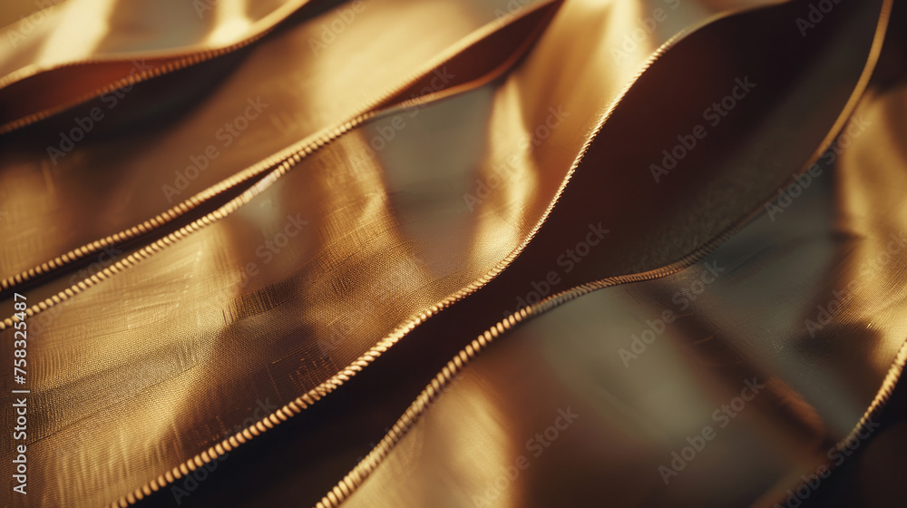 Poster a detailed close up of a gold ribbon on a table. perfect for various design projects