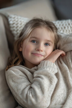 A peaceful image of a little girl laying on a couch. Suitable for various family and relaxation themes