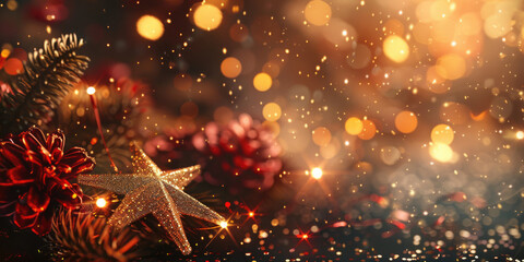 A detailed view of a star ornament on a Christmas tree. Perfect for holiday designs
