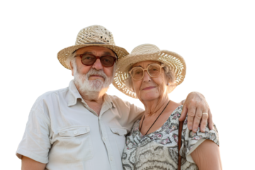 Senior retired couple wearing beach clothes ready for vacations. Isolated transparent background