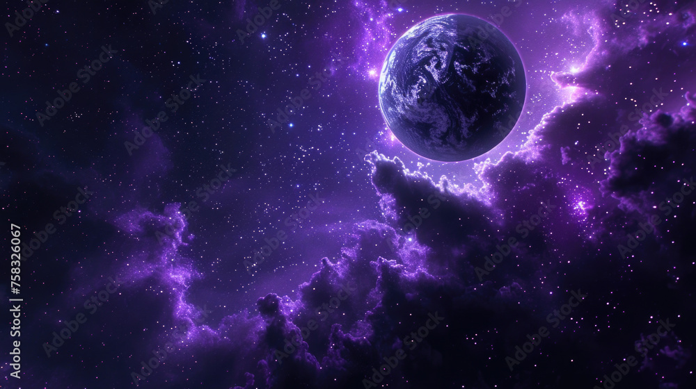 Poster a planet in the middle of a purple galaxy. suitable for space and science fiction themes