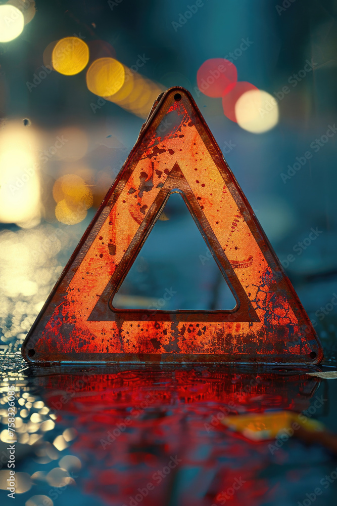 Poster a triangle sign sitting on the side of a road. suitable for traffic and road safety concepts
