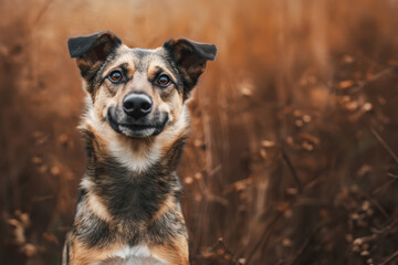 Cute cross breed dog looking at camera posing over outdoors background with copy space - obrazy, fototapety, plakaty