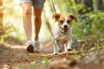 Close up of a dog trotting alongside a young woman on a rural forest trail. Low angle view. Dog Day concept - obrazy, fototapety, plakaty