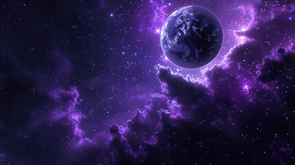 A planet in the middle of a purple galaxy. Suitable for space and science fiction themes