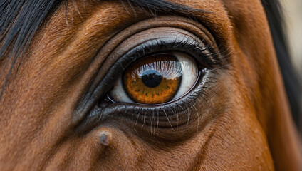 A close up of a brown horse's eye. - obrazy, fototapety, plakaty