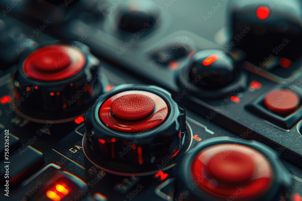 Poster Detailed view of a control panel with red buttons. Ideal for technology and security concepts