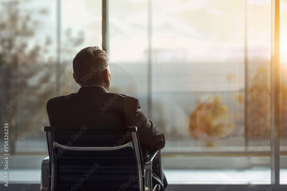 Poster a man sitting in a chair looking out a window, suitable for various concepts and designs