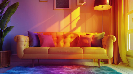 Brightly colored room with a comfortable couch by a window. Ideal for home decor or interior design concepts