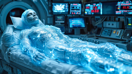 A person figure in cryogenic recovery on a high-tech medical bed. Cryobiology for freezing bodies