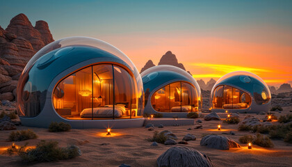  Luxury Desert Glamping or Geo-Domes. Igloo tents in sunset landscape.