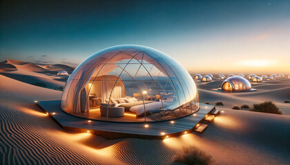 Modern igloo tents designed for luxury desert camping, set against a twilight sky filled with stars.Geodesic domes.