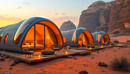  Luxury Desert Glamping in Jordan. Igloo tents in sunset landscape..Warm sunset lighting on a luxury desert dome resort.Igloo hotel